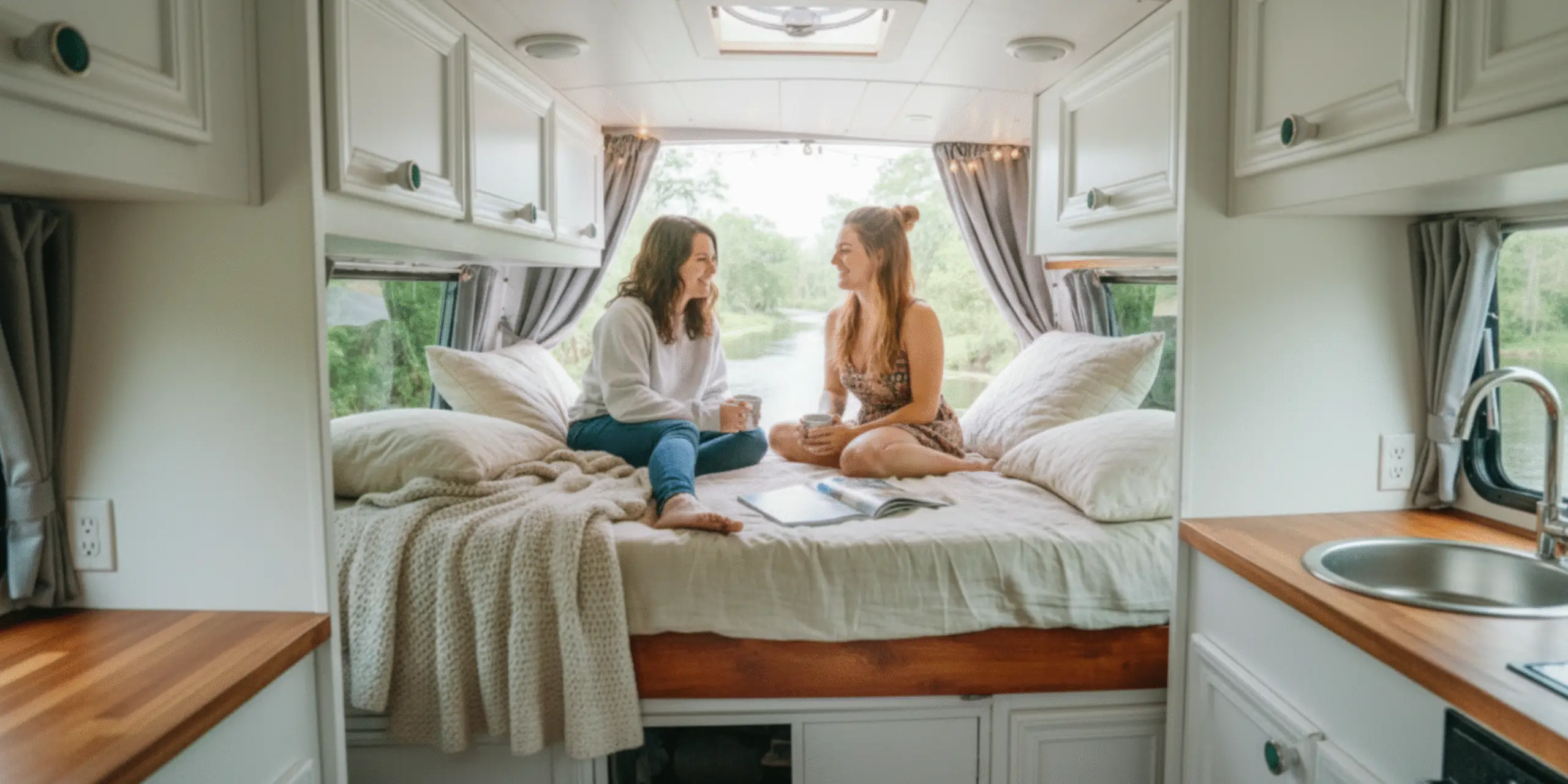 Coppia che si sveglia riposata in camper con materasso confortevole
